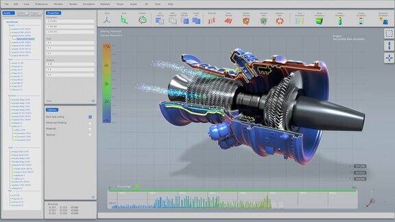 计算机CAD软件展示了工业可持续绿色能源涡轮发动机的三维设计高效的生态马达原型动画视效