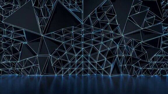 循环动画霓虹三角形线与黑暗的背景3d渲染