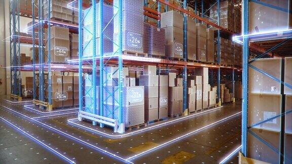 未来技术零售仓库:工业4.0过程的数字化和可视化分析货物纸箱产品交付信息图在物流配送中心
