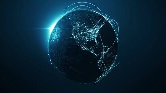 4k蓝色地球仪与连接线(中心)-6秒后可循环-国际网络航班航线