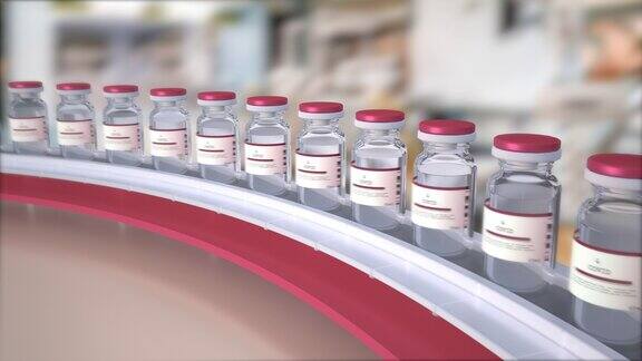 大规模生产新冠肺炎疫苗在制药实验室用covid-19小瓶在传送带上生产疫苗药物免疫接种循环动画