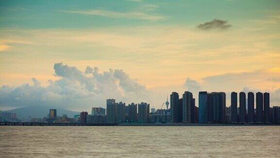 中国日落天空珠海湾澳门海岸线全景4k时间