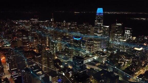 夜间市中心摩天大楼的鸟瞰图移动的线条作为图表经济和商业的视觉效果美国旧金山