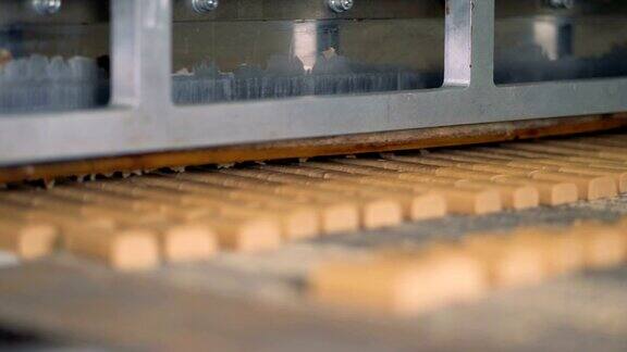 近距离观察在糖果工厂切割糖果的特殊设备