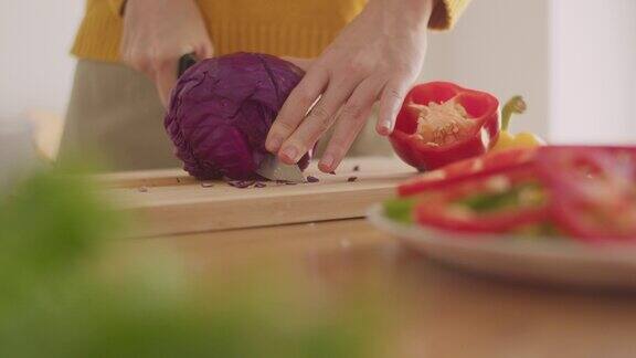 在家里的厨房里一名妇女正在砧板上切红白菜蔬菜准备做沙拉的食物