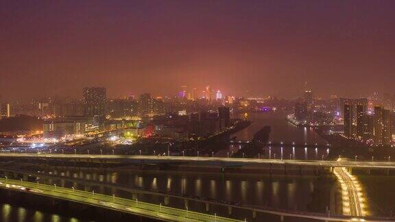 夕阳照亮珠海市滨江交通道路澳门湾航拍全景4k时间的中国