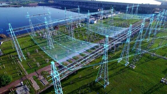 基于信息图的水力发电站的鸟瞰图有高塔和猪电压配电电缆的变电站清晨春天夏天太阳