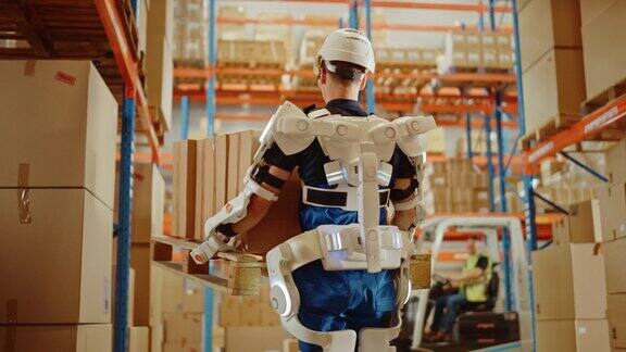 高科技未来仓库:工人穿着先进的全身动力外骨骼举起和行走与沉重的托盘装满纸板箱外服增强力量慢动作