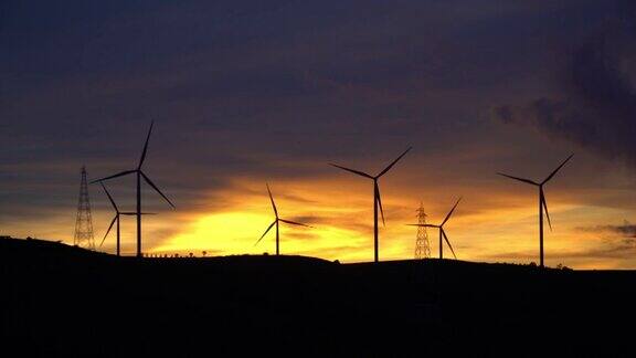 4k日落风力涡轮机农场替代能源