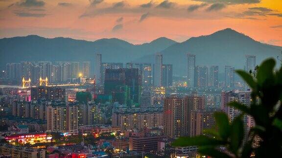 中国日落天空珠海著名山公园山顶城市景观航拍全景4k时间