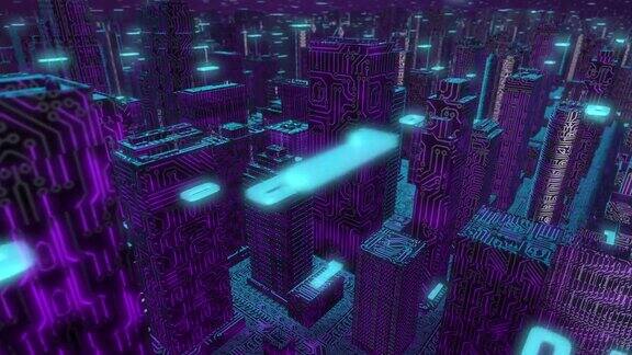暗紫色的数字城市略带蓝色的代码