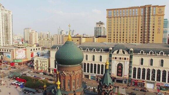 哈尔滨圣索菲亚大教堂附近建筑物鸟瞰图4k