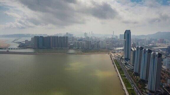晴天珠海市海湾现代酒店综合澳门海岸线航拍全景4k时间推移中国