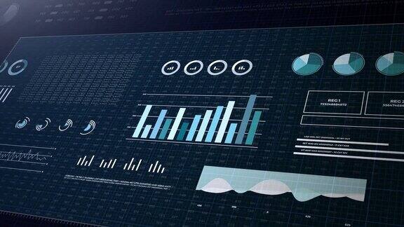 HUD显示显示器3d统计数据金融市场数据分析和报告数字和图表可循环的动画打开视频