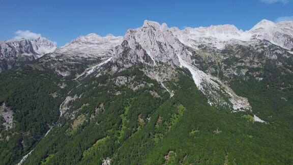 雄伟的阿尔巴尼亚阿尔卑斯山:史诗般的山脉与岩石山峰和郁郁葱葱的森林斜坡-一个令人惊叹的自然景观