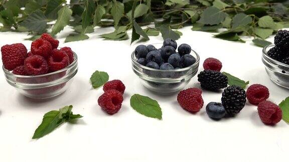 白桌子上的小碗里盛着树莓、黑莓和蓝莓绿树成荫