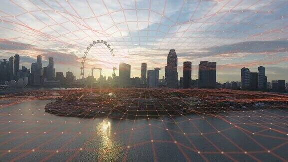日落时飞越新加坡城市连接网络智慧城市物联网