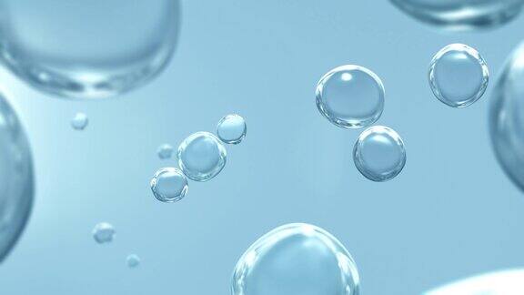 蓝色和白色的水泡沫展示背景循环透明碳化滴与复制空间