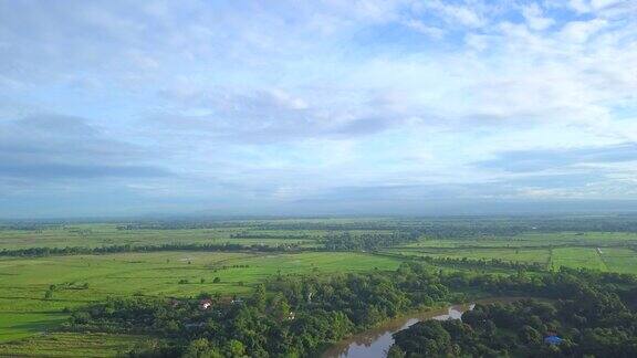 航拍泰国稻田、河流和森林附近的乡村景观