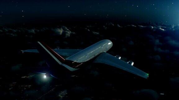 夜间在云层上空飞行的商业飞机