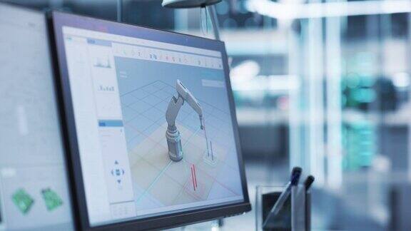 近距离的计算机显示器显示数字机械臂操作