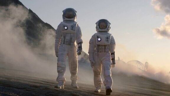 两名宇航员穿着宇航服在外星星球上自信地行走探索探险在覆盖着岩石、气体和烟雾的星球表面人类克服困难