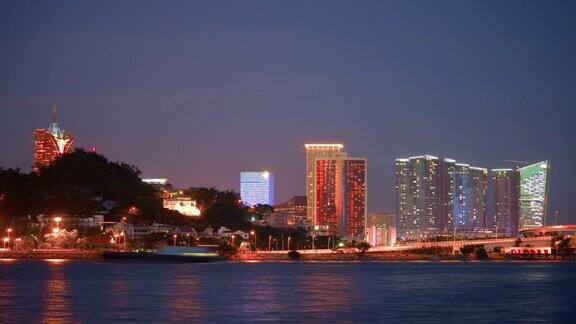 中国暮光珠海湾澳门城著名酒店海岸线全景4k时间