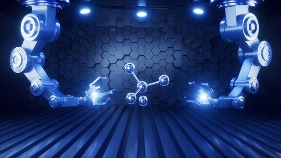 霓虹灯背景中有机械臂的分子3d渲染