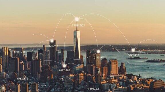 PAN曼哈顿城市和5G网络概念日落纽约