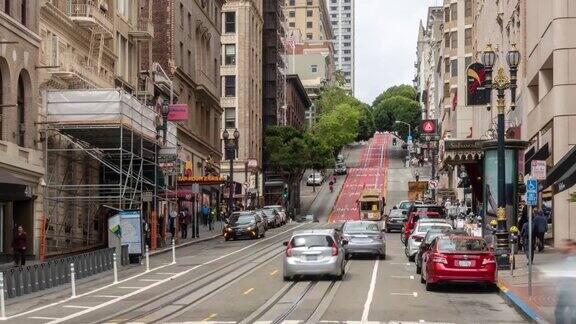 美国加州旧金山鲍威尔街的行人、游客和缆车