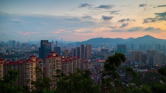 中国日落珠海著名山公园山顶城市景观航拍全景4k时间