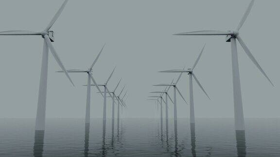 现代风力涡轮机农场在海洋3D动画循环