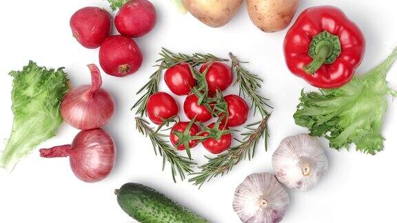 有机蔬菜全食用植物堆健康食品烹饪配方顶视图旋转隔离