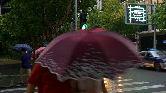 雨夜上海城市交通街道人行横道全景4k中国