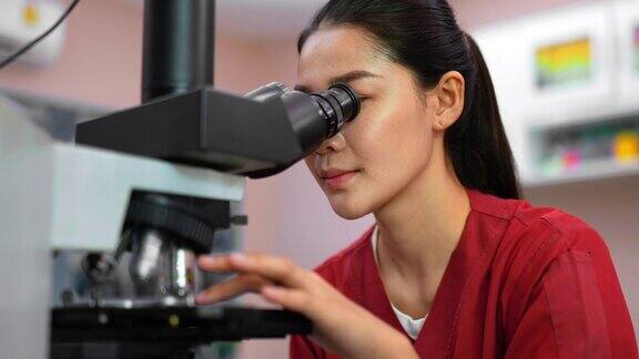 年轻美丽的兽医女在实验室的显微镜下看