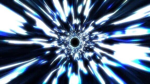 翘曲隧道虫洞在超空间移动抽象的蓝色能量漩涡在飞行虫洞就在时间和空间里黑洞漩涡超空间隧道4k3D渲染无缝循环
