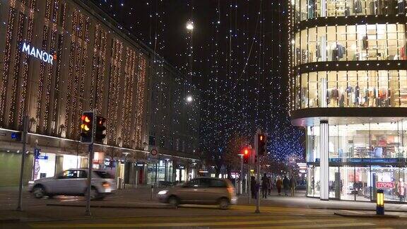 瑞士苏黎世圣诞时间班霍夫大街交通街道夜景4k