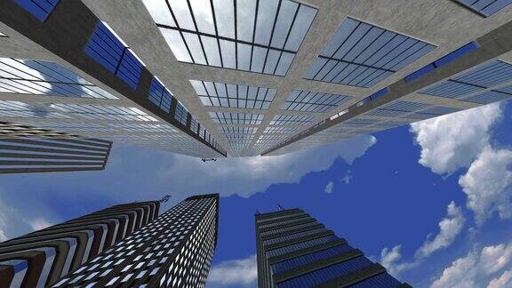 高角度的钢混凝土和玻璃摩天大楼超时间推移
