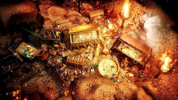 在一个废弃的山洞里藏着珍宝和珠宝硬币、钻石和黄金财宝很多珠宝金雕像绿宝石手镯和箱子