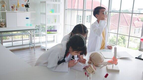 一名小学生在私立学校的实验室里观察牙齿和头骨