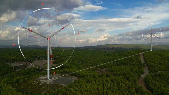 风力涡轮机的空气可视化hud数字运动设计产生清洁可再生能源和天空的粒子动画拥有AR、大数据、物联网生态全息图形技术的风车领域