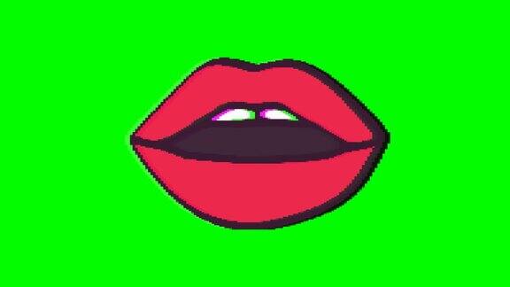 张开嘴或嘴唇与绿色背景的小瑕疵效果Emoji运动图形