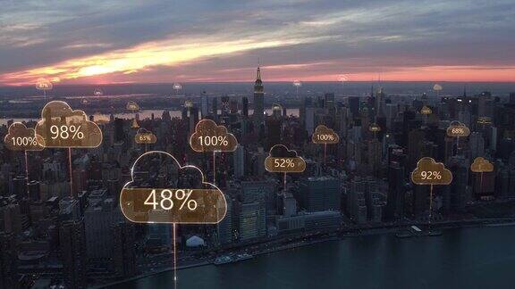 空中智慧城市网络连接和带有百分比的云计算图标技术理念、数据通信、人工智能、物联网纽约的