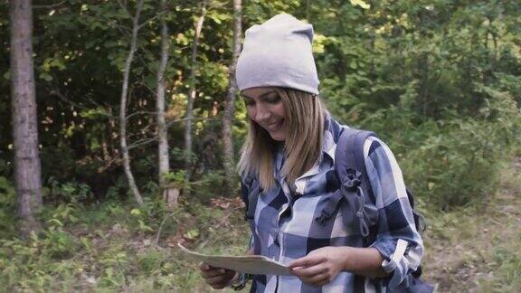 女孩徒步行走在森林里拿着地图