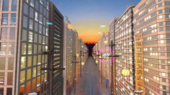 智慧城市飞行动画未来的高科技大都市摩天大楼