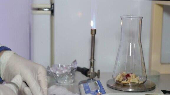 一名科学家在实验室工作的镜头这位科学家正在取一些食物样本并将它们放入一个锥形烧瓶中进行进一步的测试