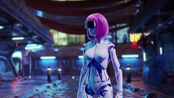 粉色头发的机器人女孩戴着虚拟现实眼镜在城市里走来走去