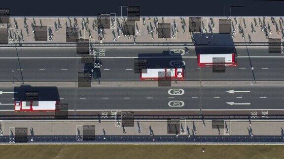 行人在伦敦桥上的鸟瞰图包含每个人数据的文本框监测人工智能深度学习英格兰英国用红色武器8K拍摄