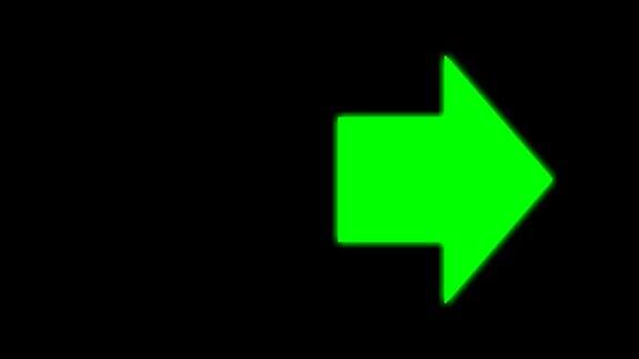 霓虹标志绿色方向箭头向右在黑色背景上闪烁的霓虹灯