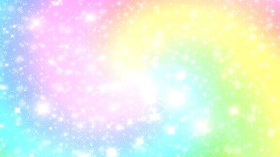 彩虹星系背景和柔和的颜色有彩虹的淡色天空中的独角兽粉彩的云朵和散景的天空可爱明亮的糖果背景幻想动画背景